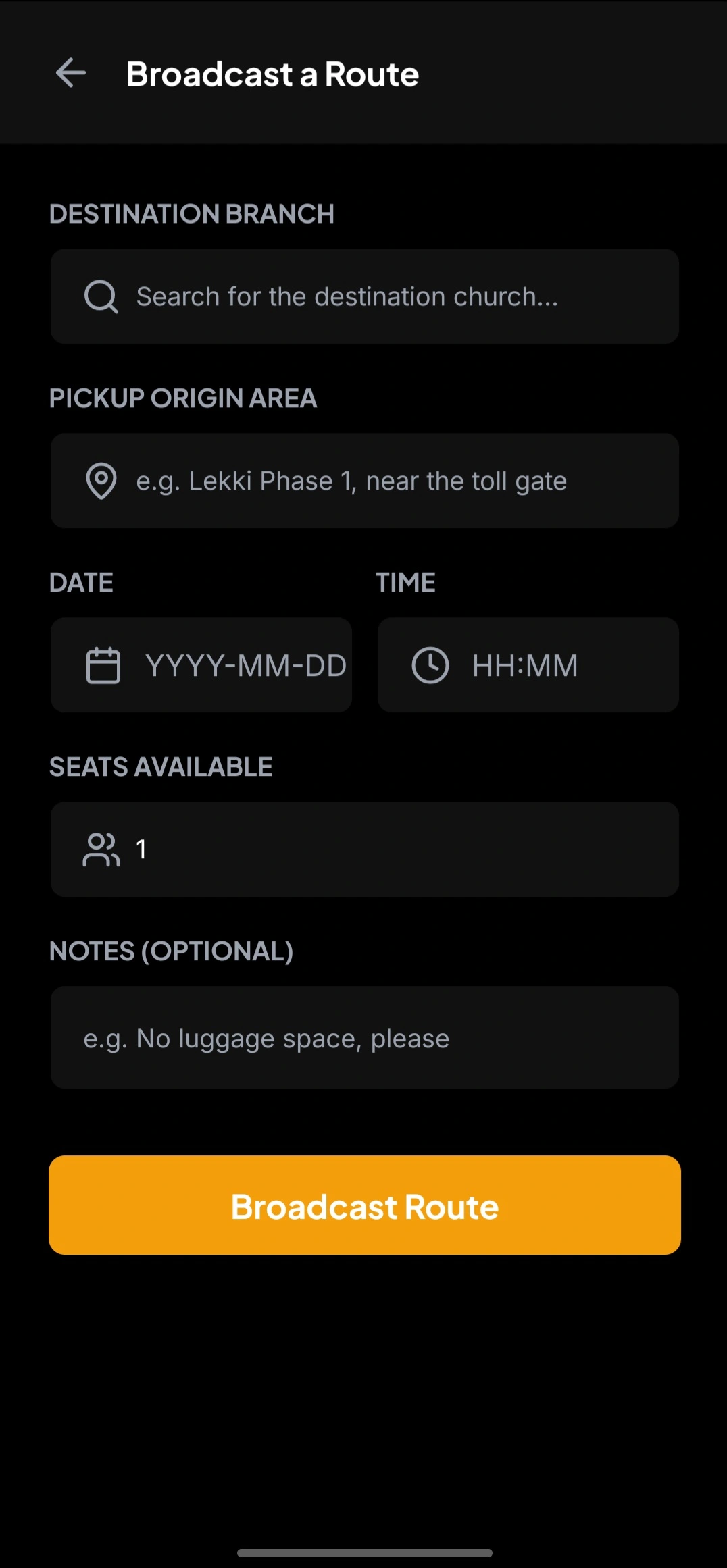 Broadcast a carpool route form, with destination branch, departure time and seat count
