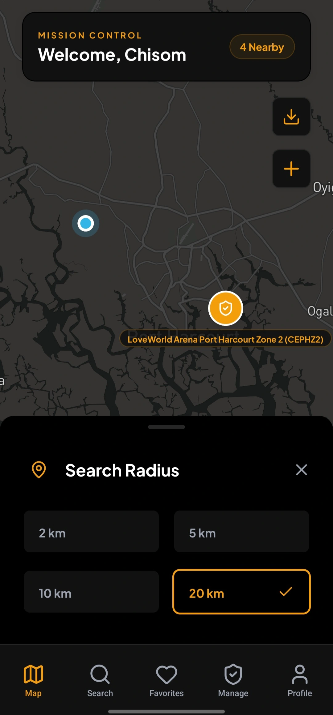 KingsRoute map screen showing nearby Christ Embassy branches as pins, each with a distance label
