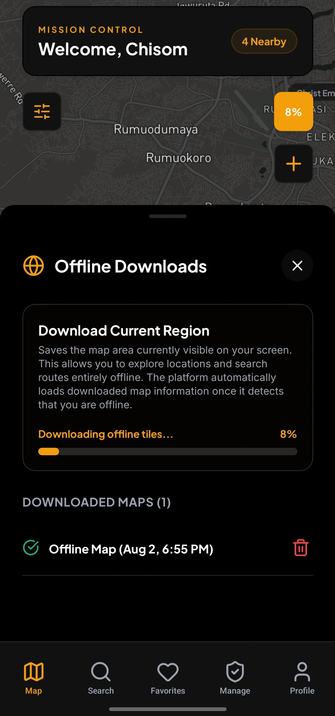 Offline region manager listing downloaded map areas available without a signal