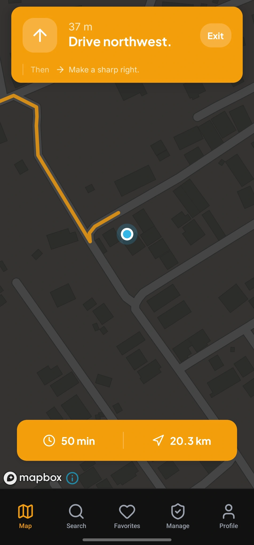 Turn-by-turn navigation inside KingsRoute, with the branch name, distance and arrival time on screen