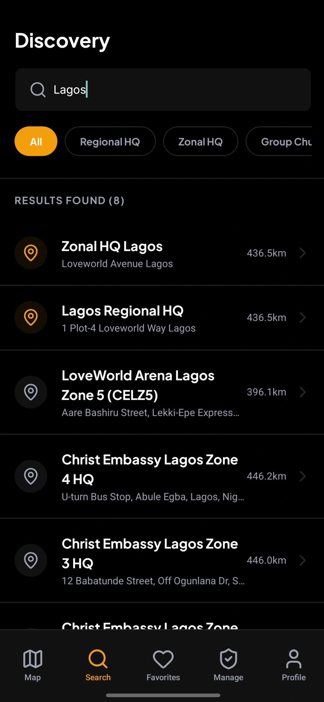 Branch search results filtered by hierarchy tier, listing churches by name and city