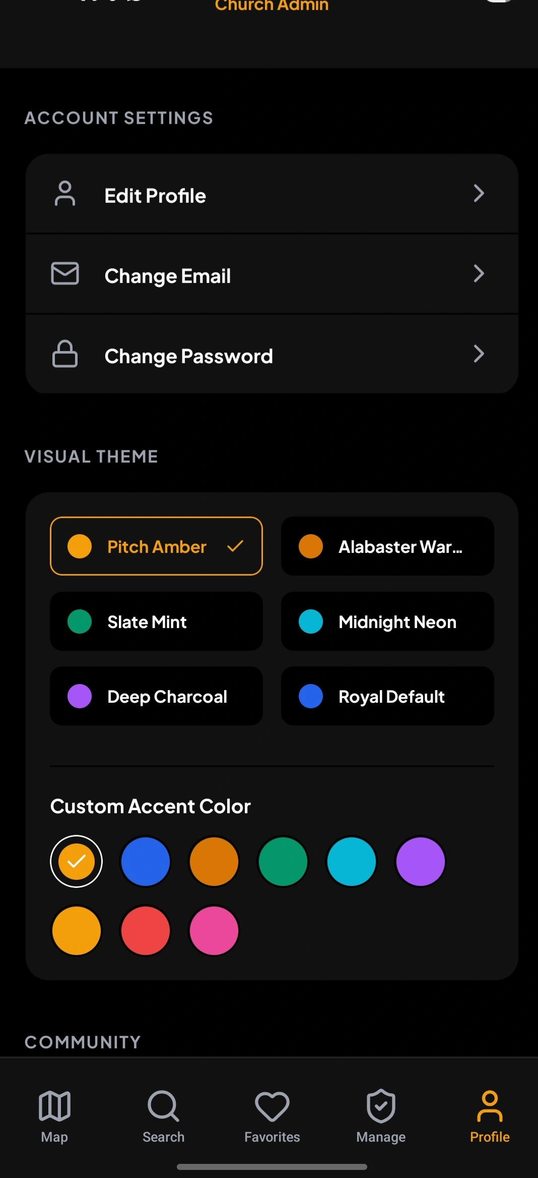 The KingsRoute theme picker, showing the seven color themes a member can choose from